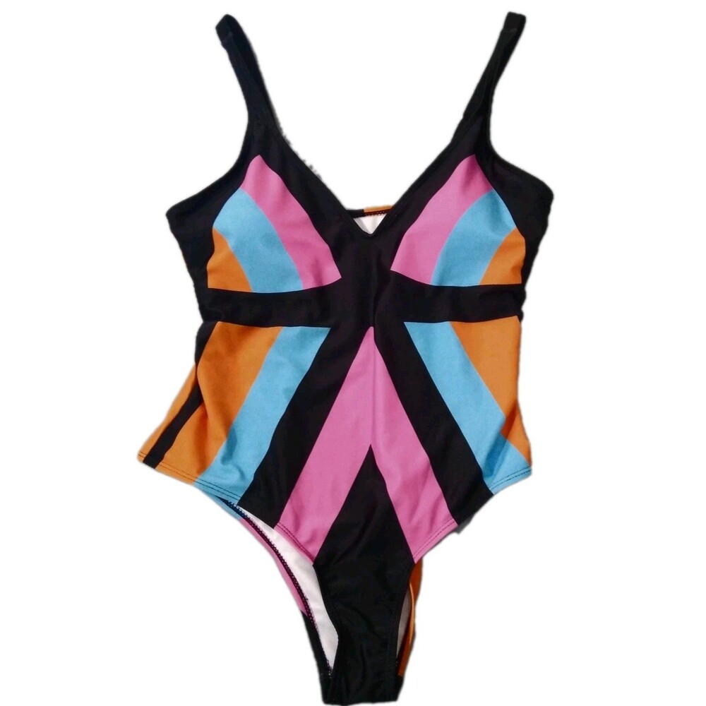 Sexy One Piece Swimsuit Plus Size 1X Geometric V Neck Slimming Bright Colorblock